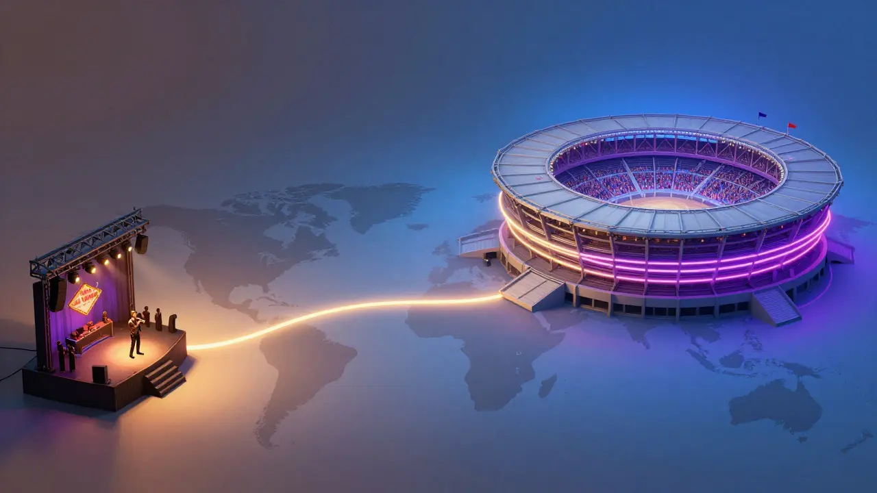 Illustration showing a path from a small local stage to a large international stadium