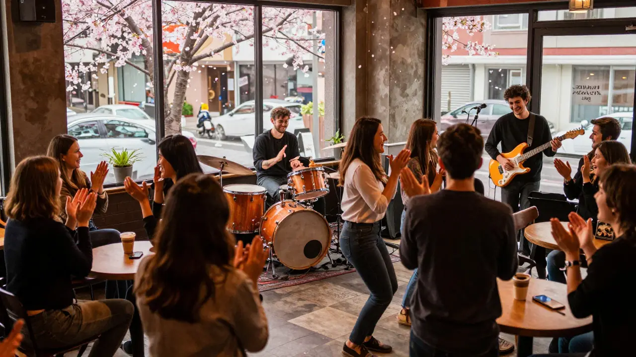 Joyful crowd dancing and clapping in a cafe music venue
