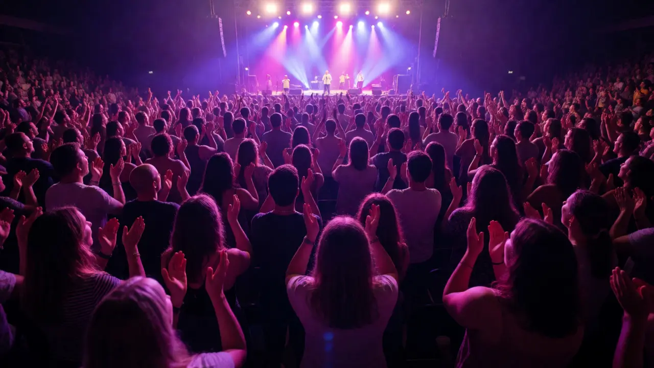 Large concert crowd singing together in unison under colorful stage lights, sharing a communal moment.