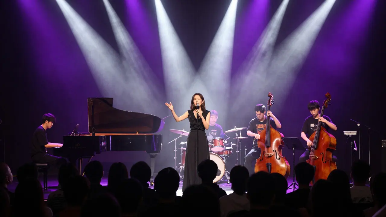 Live band performing on stage with dramatic lighting and an engaged audience