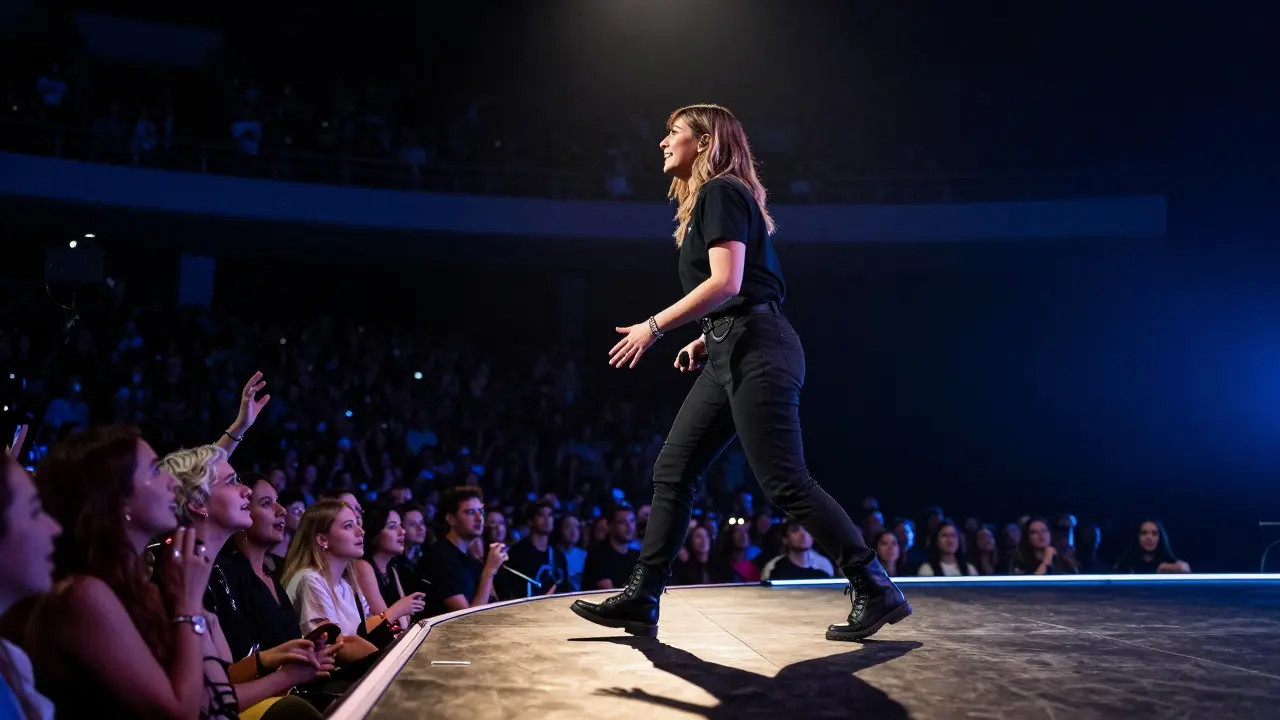 Low-angle view of a singer moving along the stage edge, reaching out to the front row audience