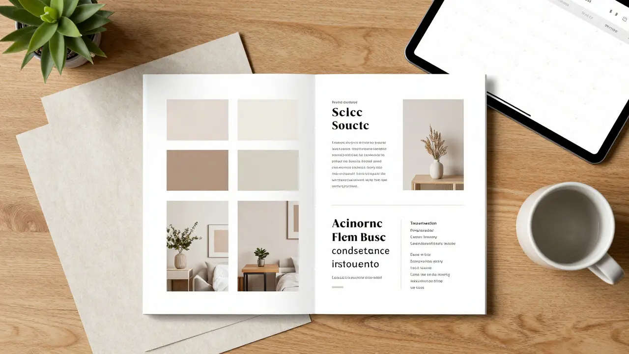 Minimalist desk setup featuring a printed brand style guide, color swatches, and organized creative tools