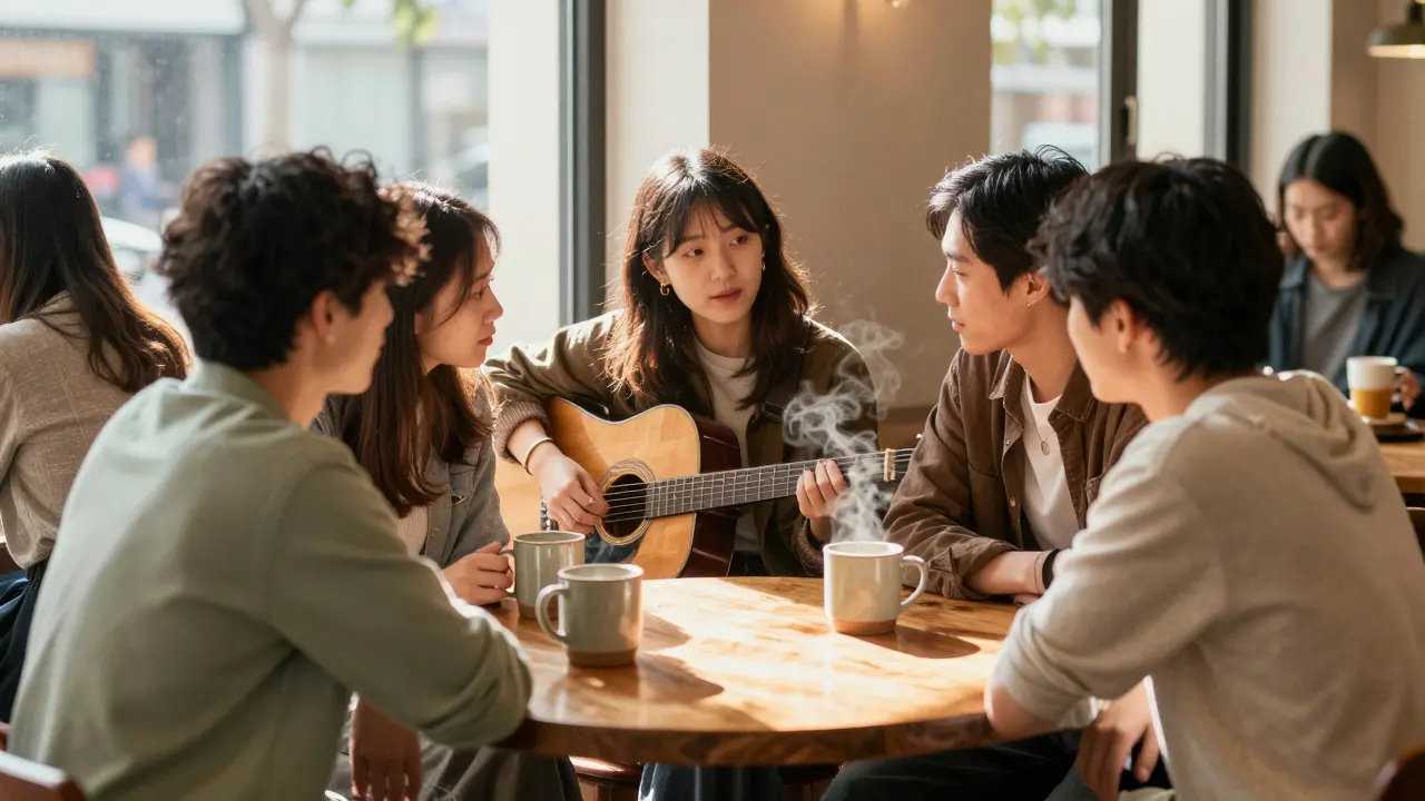 Musician and fans having an intimate conversation in a sunny coffee shop