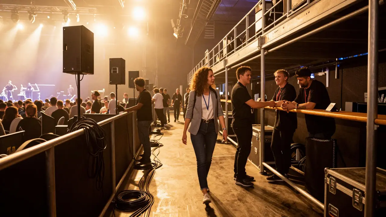 Musician networking with staff in a well-organized backstage venue area