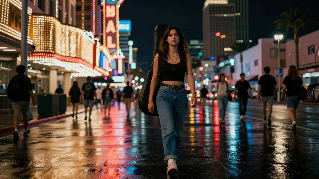 Musician walking down a rainy Las Vegas street at night with a guitar case