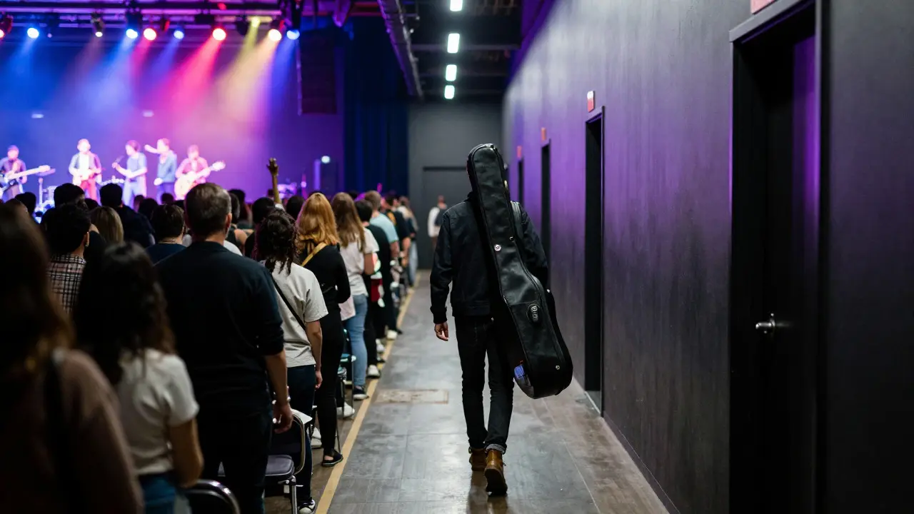 Musician walking from a bright stage into a dark corridor, symbolizing brand growth