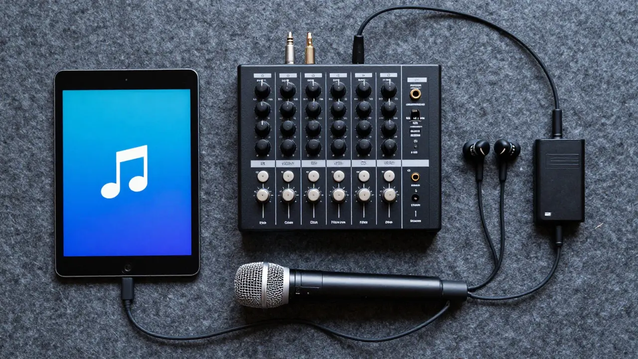 Overhead view of a karaoke audio setup including mixer, mic, and in-ears
