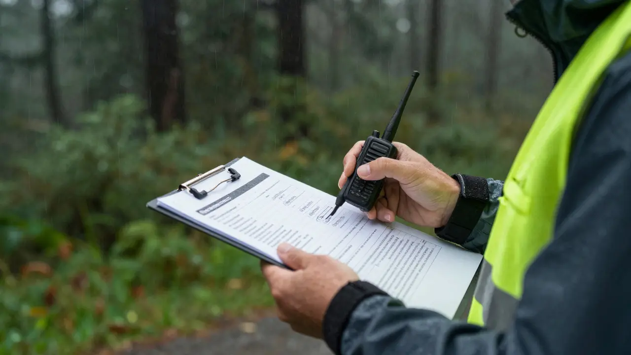 Production manager checking a clipboard and using a radio in the rain