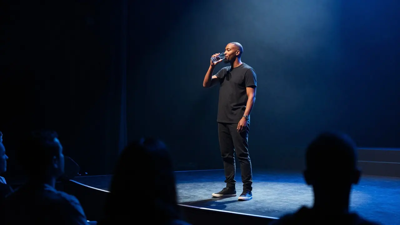 R&amp;B artist sipping water at the edge of a stage under spotlight
