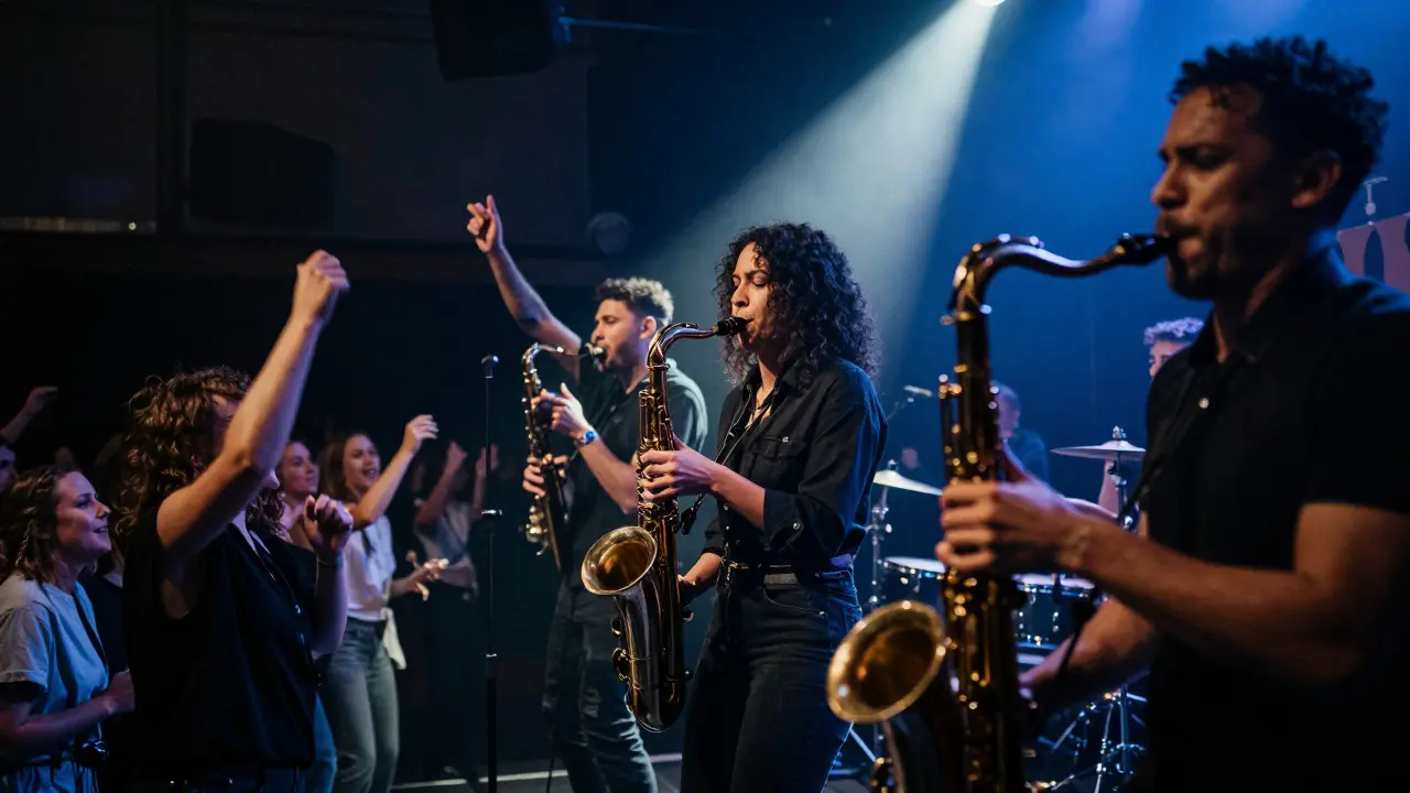 R&amp;B band playing an energetic improvisational set in a dark Berlin warehouse