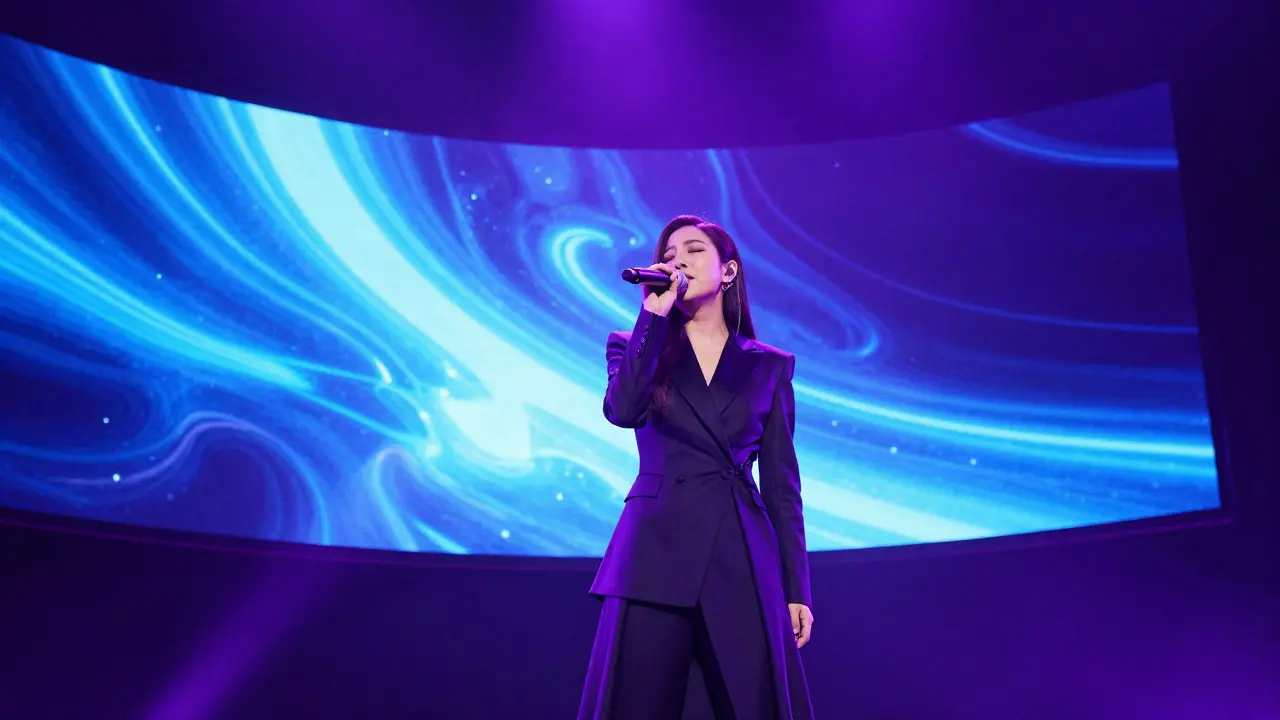 R&amp;B singer performing emotionally under purple lights with synchronized LED visuals behind her