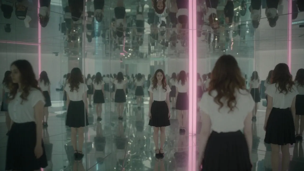 Reflections of a woman in a mirror-filled room with neon accents