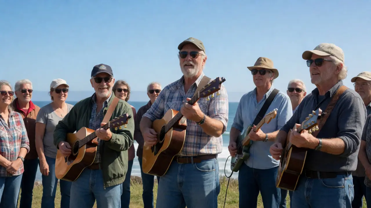 Retired fishermen band performing confidently by the coast at a festival.