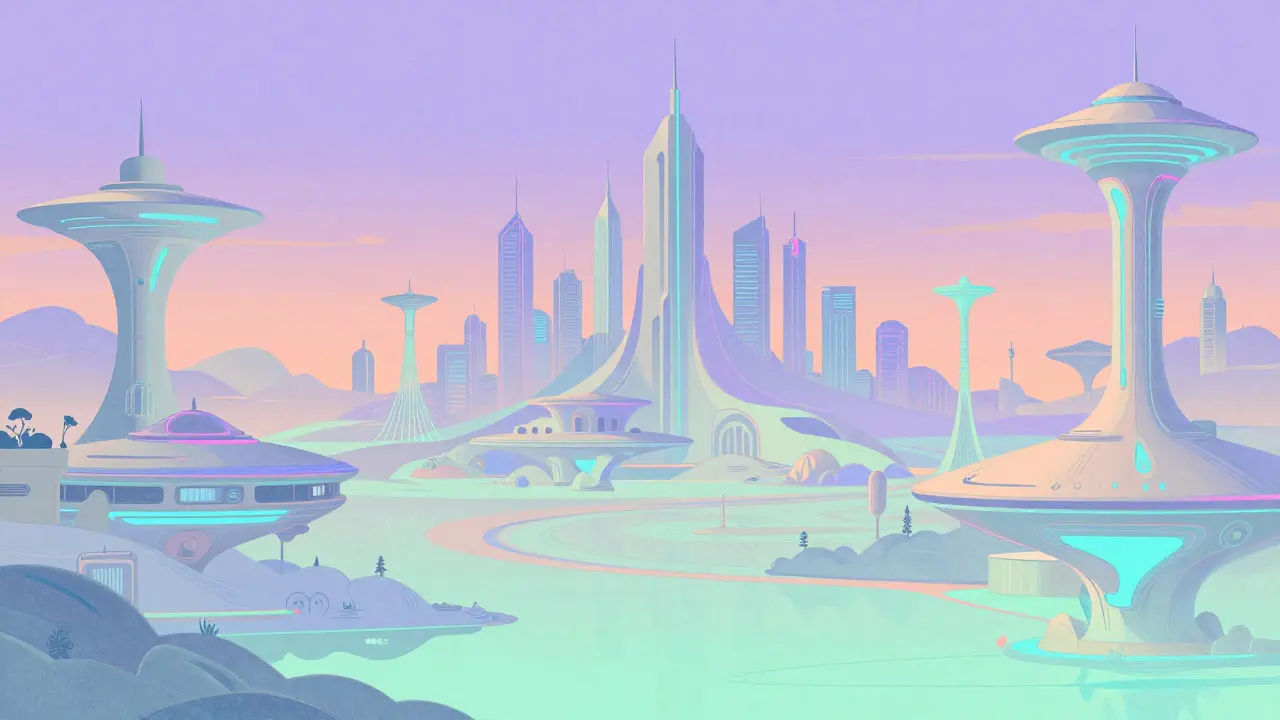 Retro-futuristic digital artwork featuring pastel tones and neon accents