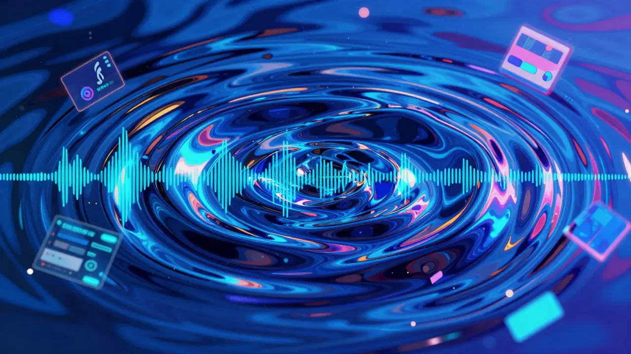 Rippling liquid surface with abstract light fragments representing digital media