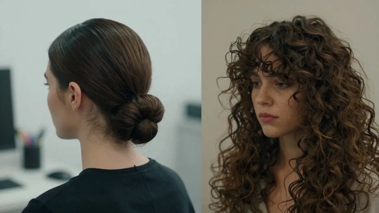 Side-by-side comparison of tight bun and loose messy hair styles