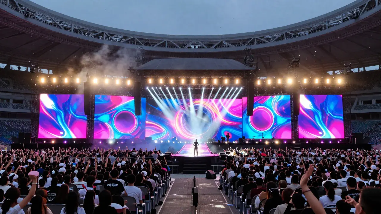 Silhouette of a performer on a large stadium stage with confetti