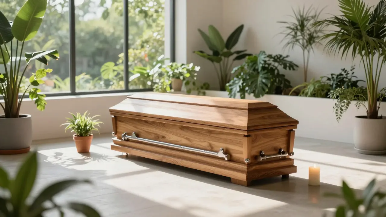 Simple wooden casket in a sunlit room with plants, representing natural burial