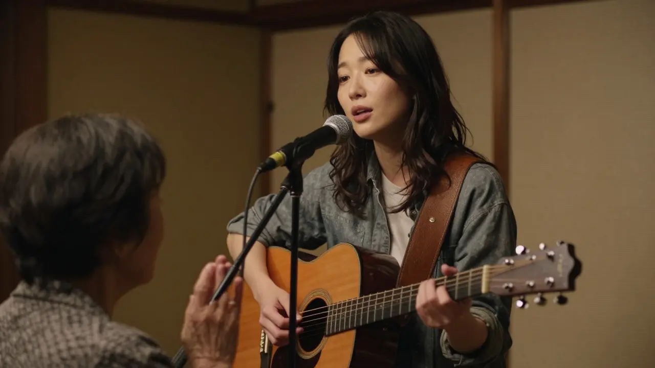Singer performing acoustically while connecting with an elder audience member