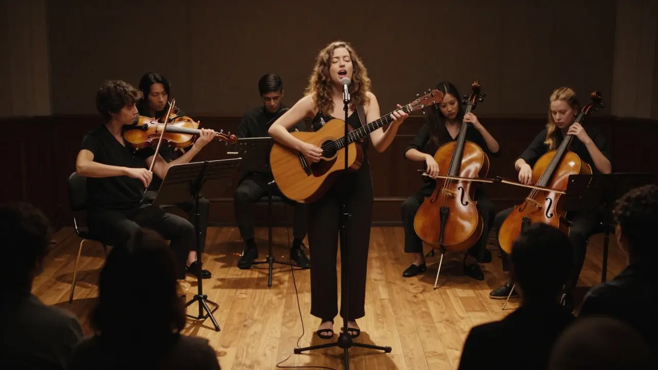 Singer performing live with a string quartet under warm golden stage lighting