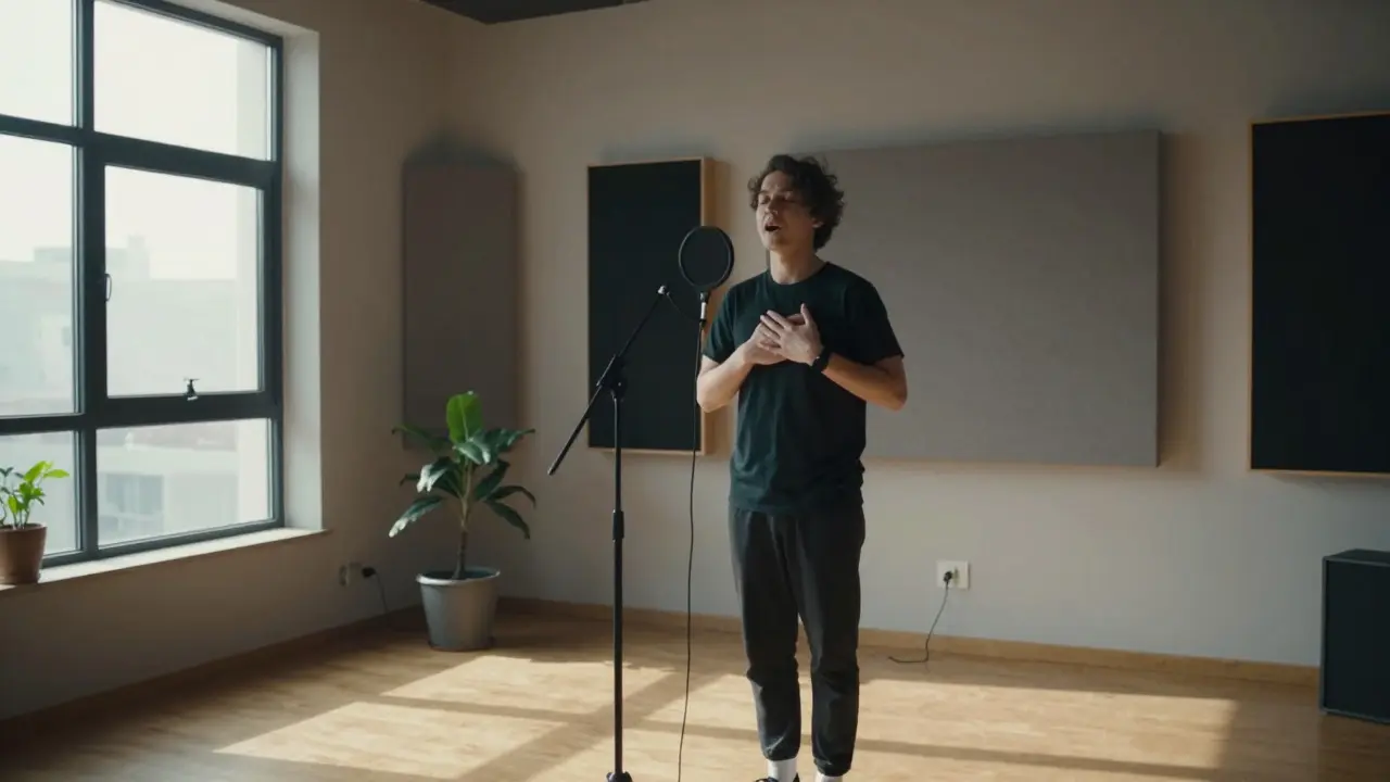 Singer practicing vocal exercises in a sunlit minimalist studio