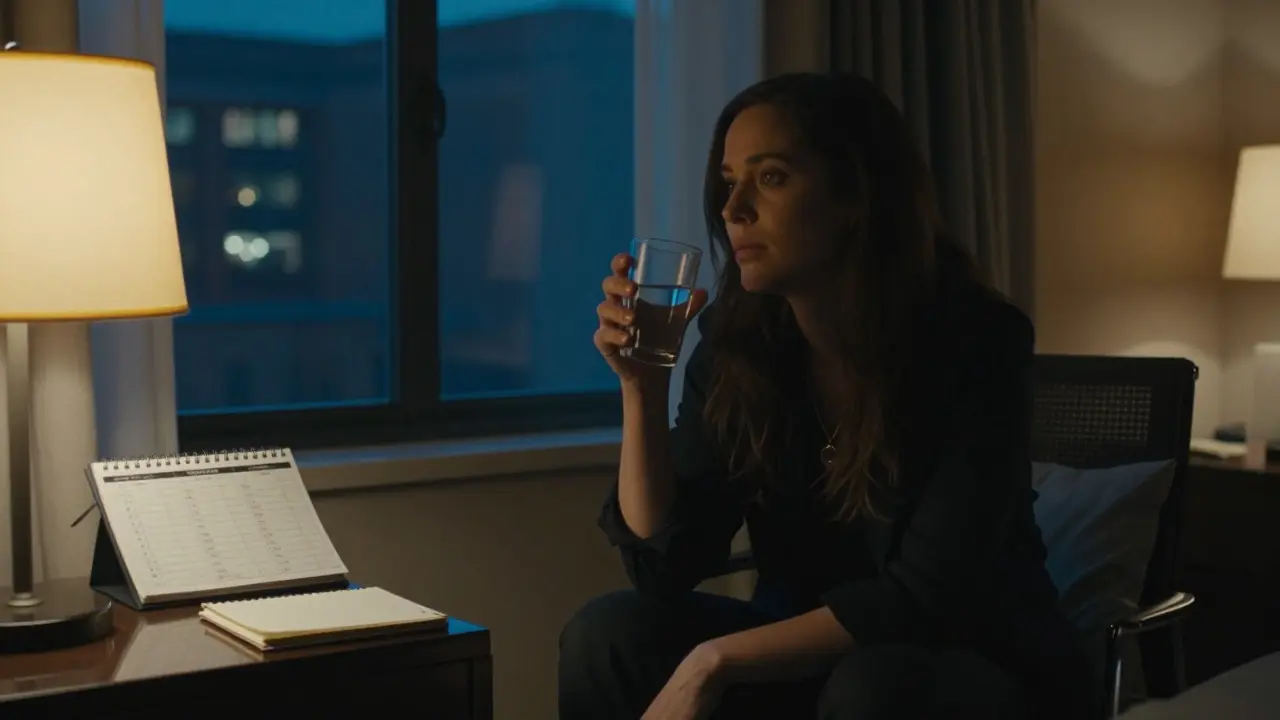 Singer resting in a hotel room with a glass of water, reflecting on life on tour