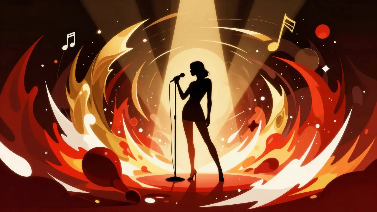 Singer surrounded by swirling abstract musical genres representing adaptability