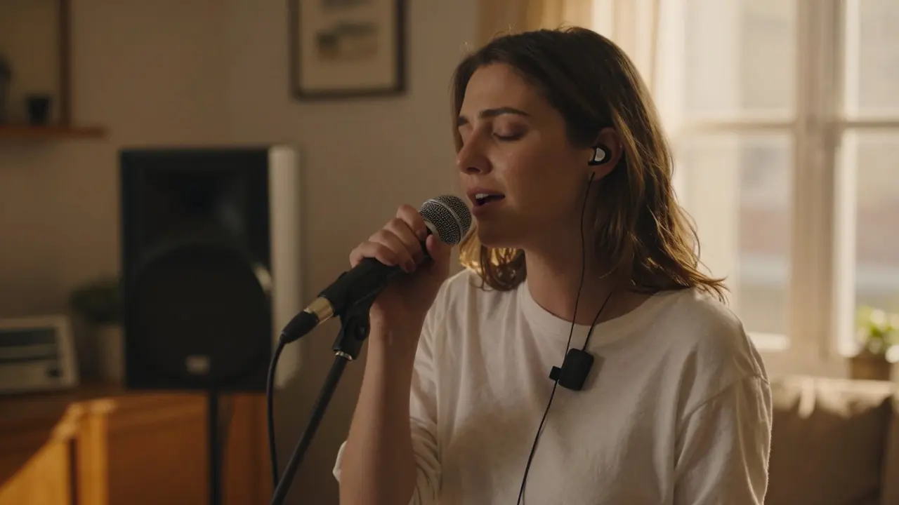 Singer wearing in-ear monitors holding a microphone in a warmly lit living room
