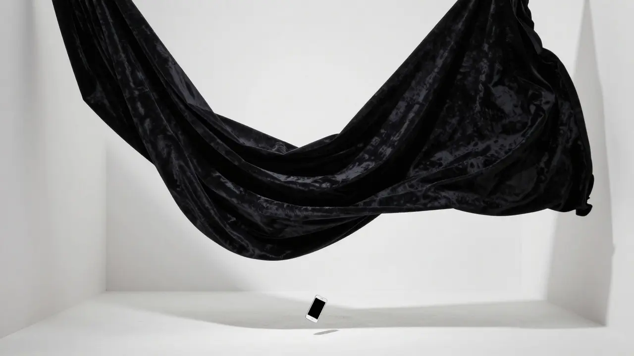 Slow-motion velvet drape and suspended object in a minimalist white room