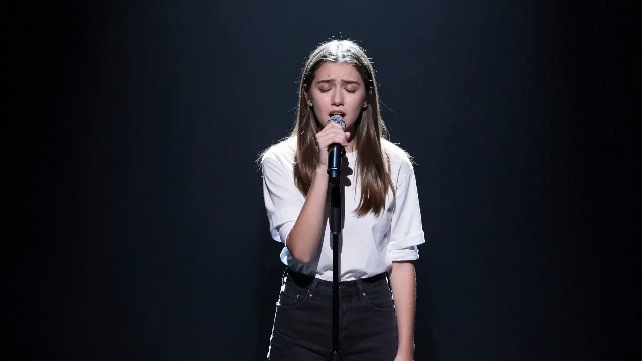 Solo singer performing under a bright spotlight on a dark competition stage