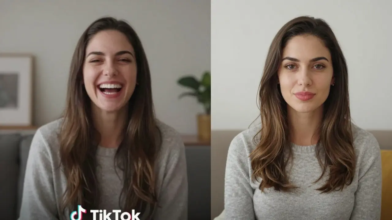 Split view comparing a casual home video style with a polished studio portrait