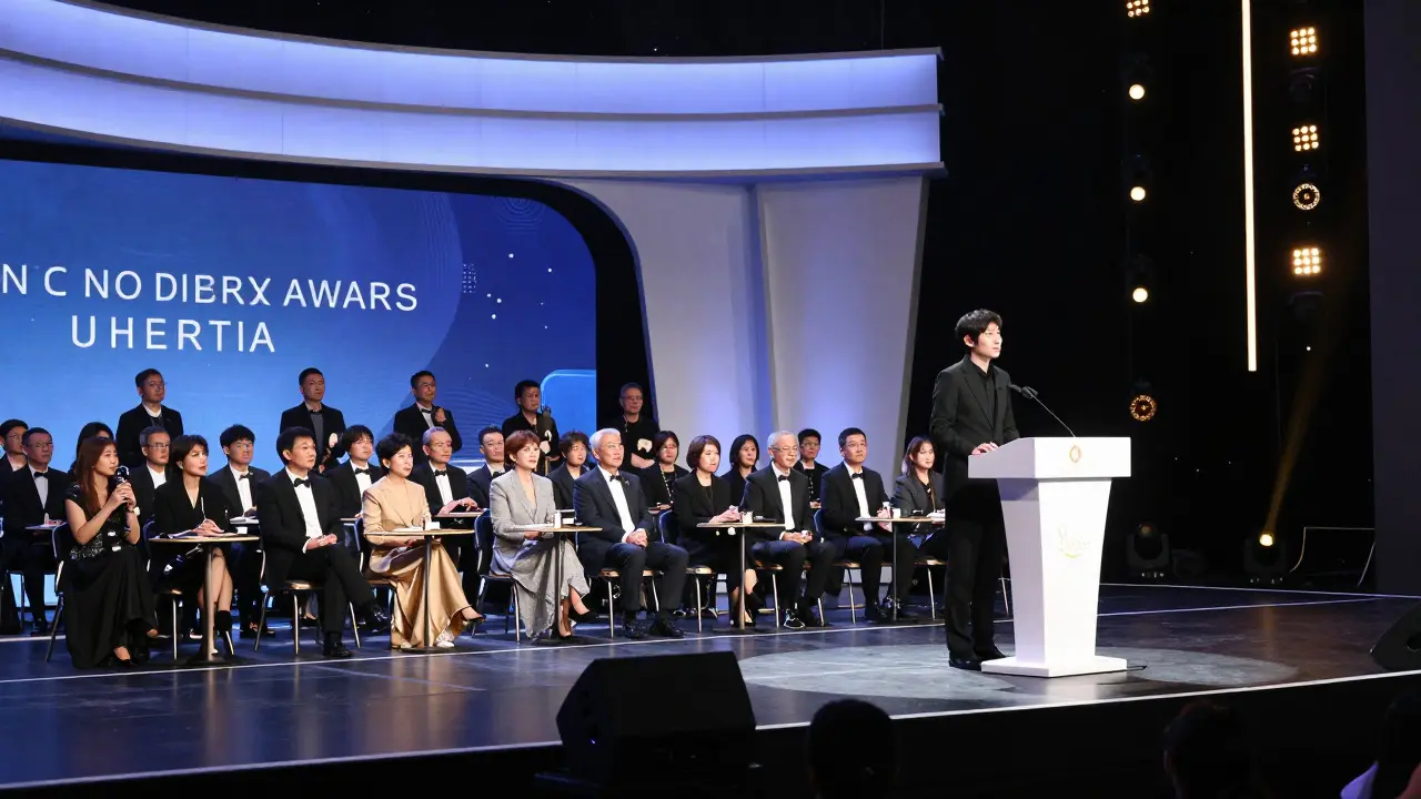 Spotlight on a podium in a formal hall with seated critics