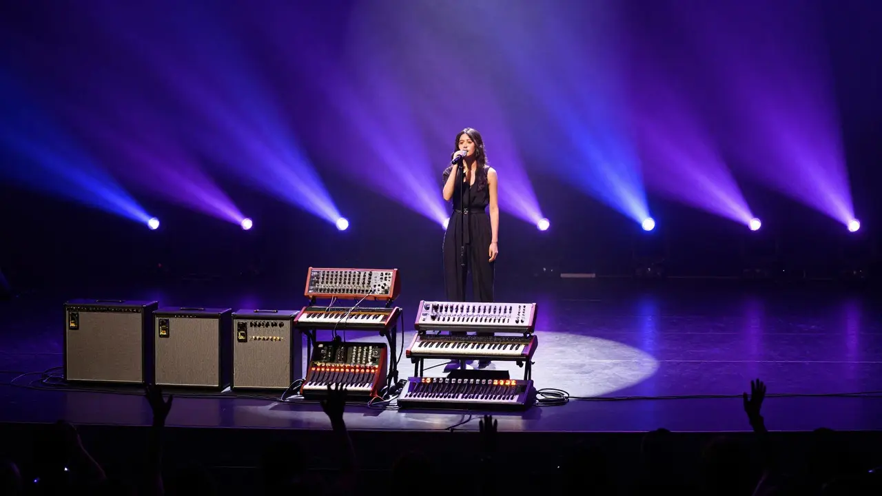 Stage view with vintage amps and synthesizers under purple lighting