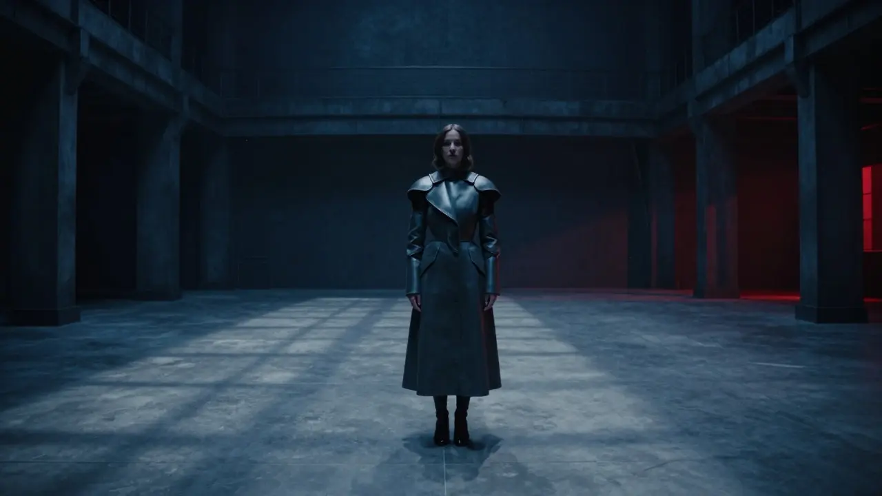 Still woman in structured coat in empty room with tilted camera angle