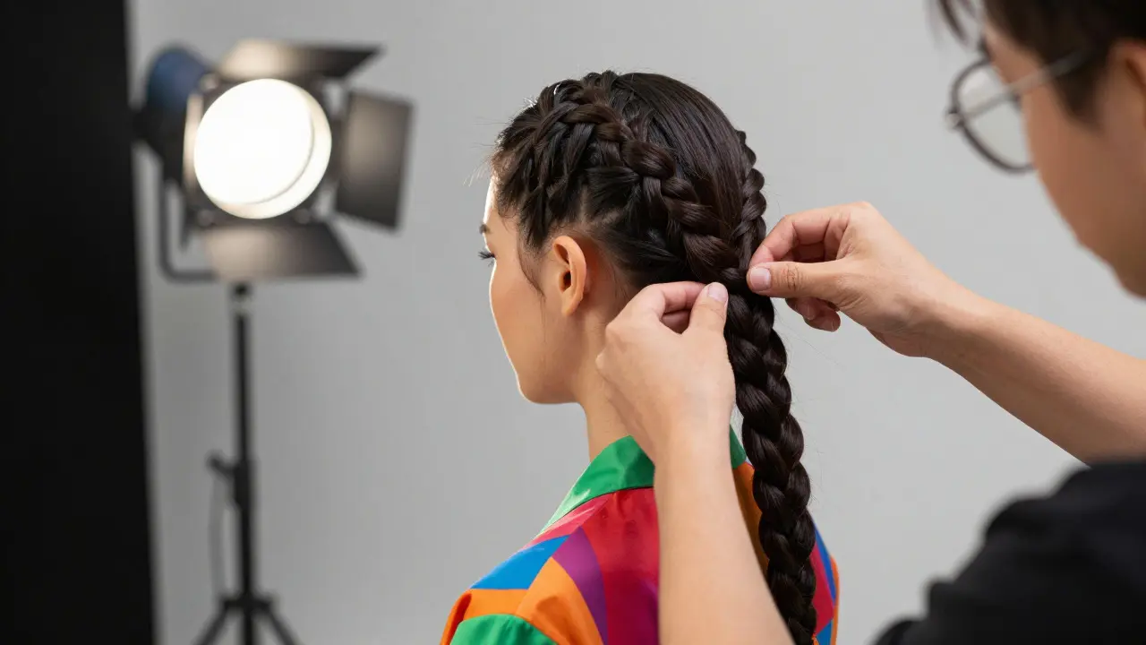Stylist adjusting a braid on a performer in a colorful studio outfit