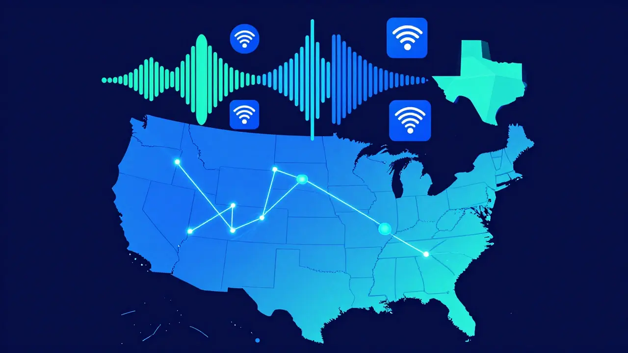 Stylized map showing data connections between US regions with audio wave graphics