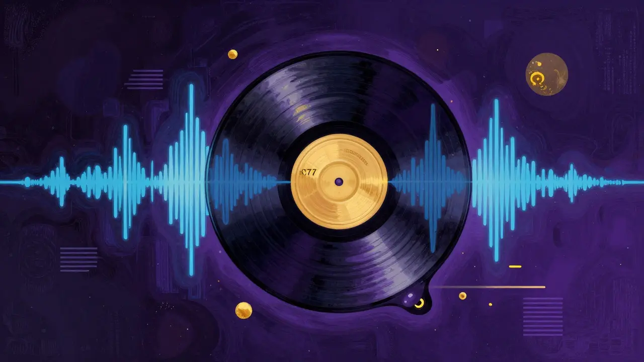 Surreal artwork showing a vinyl record merging into a digital audio waveform