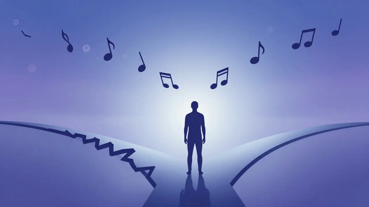 Surreal illustration of a figure finding emotional resolution through music