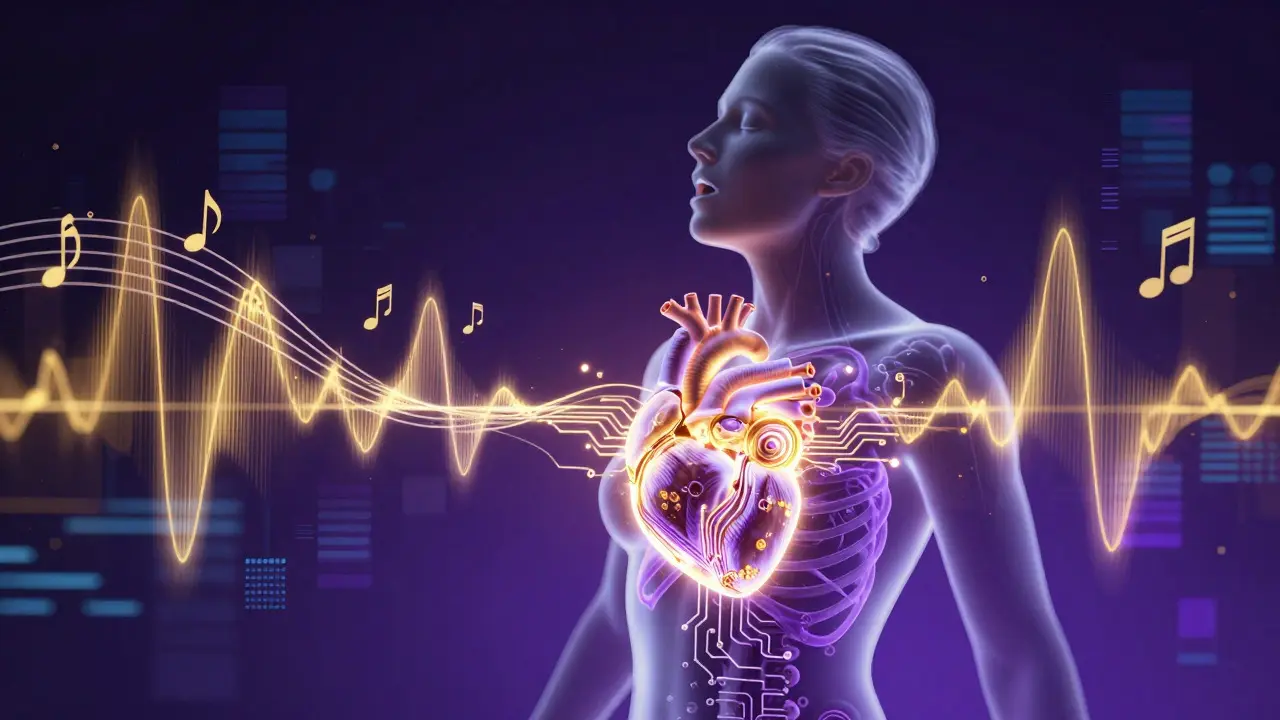 Surreal illustration of a singer with a glowing mechanical heart emitting musical waves