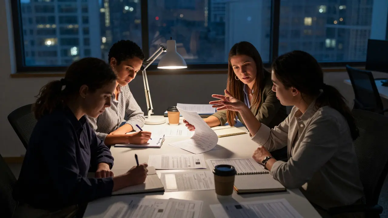 Team analyzing survey papers in a dimly lit studio office