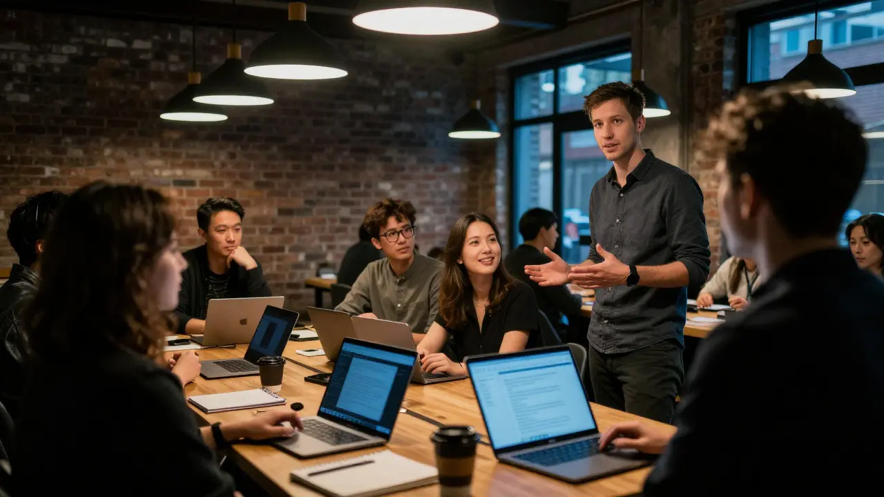 Tech founder engaging in deep conversation with developers at a warehouse meetup