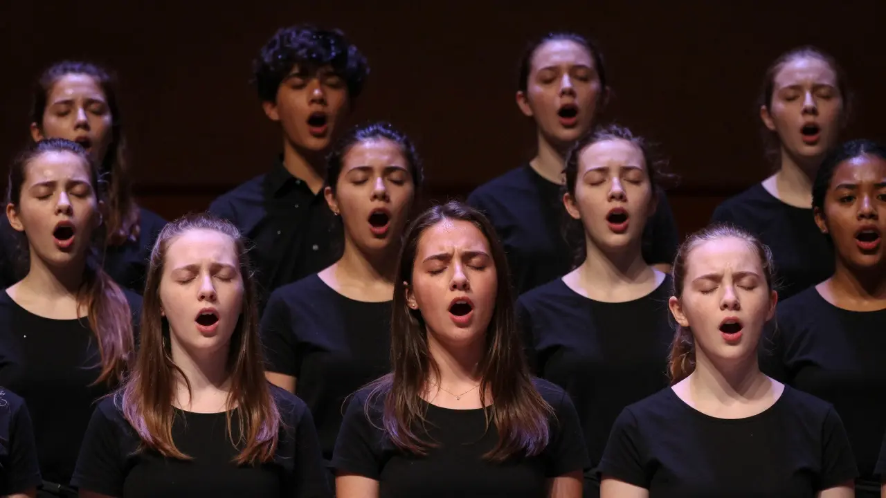Teenage choir members singing passionately in a dimly lit room