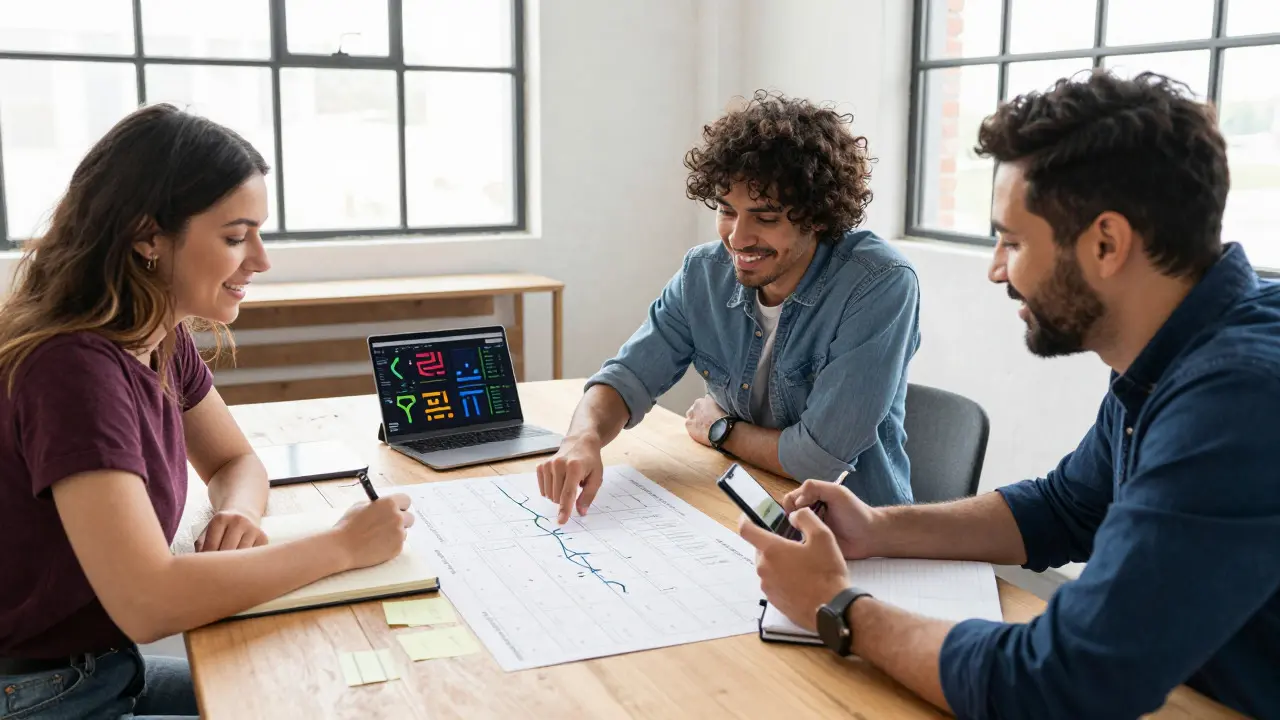 Three indie musicians collaborating over a release calendar and data in a bright loft