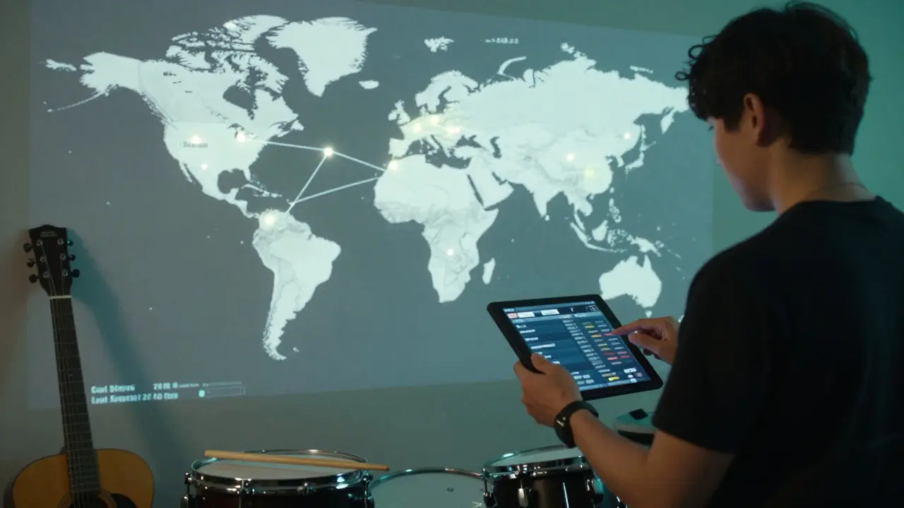Tour manager reviewing global tour data and city connections on a map