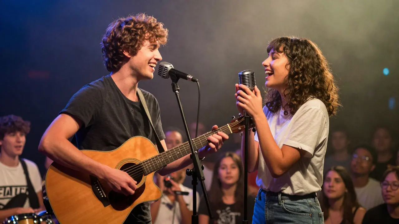 Two musicians perform together on stage under dramatic spotlights, embodying a harmonious and authentic musical collaboration.