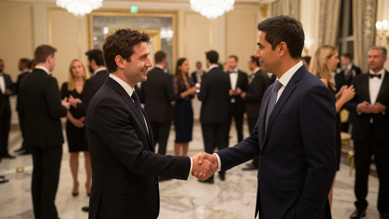 Two people shaking hands briefly at a crowded charity gala event