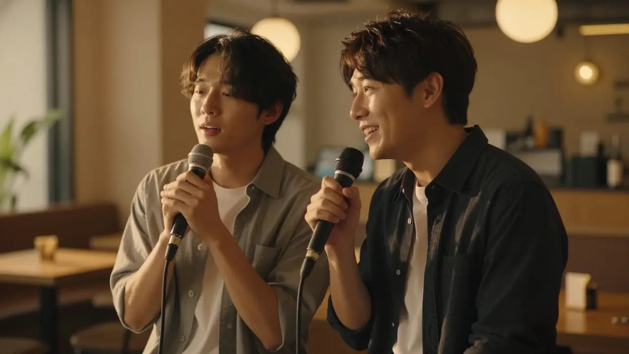 Two people sharing a microphone in a warm, supportive lounge setting