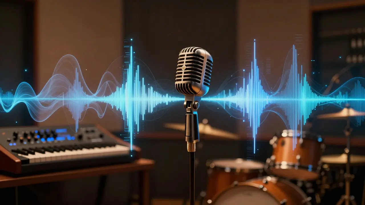 Vintage microphone with transitioning sound waves in a studio