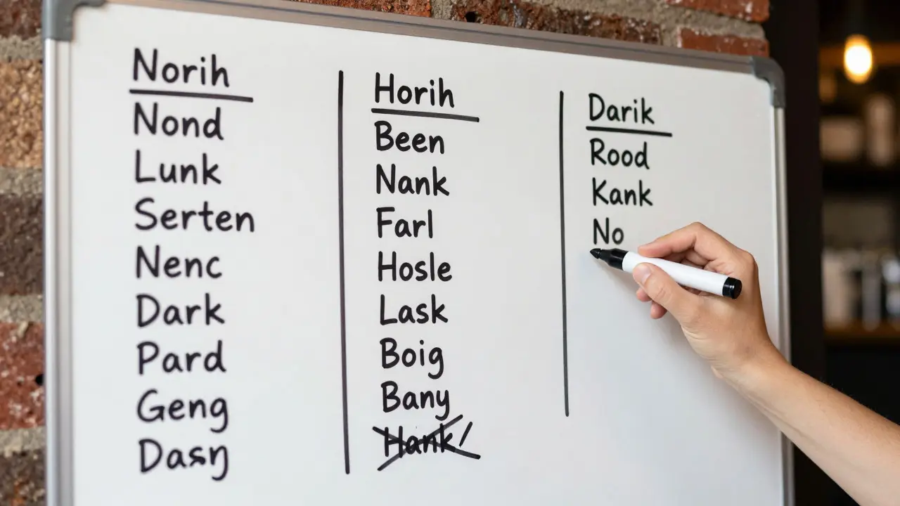 Whiteboard with three columns showing a rotating list of singer names