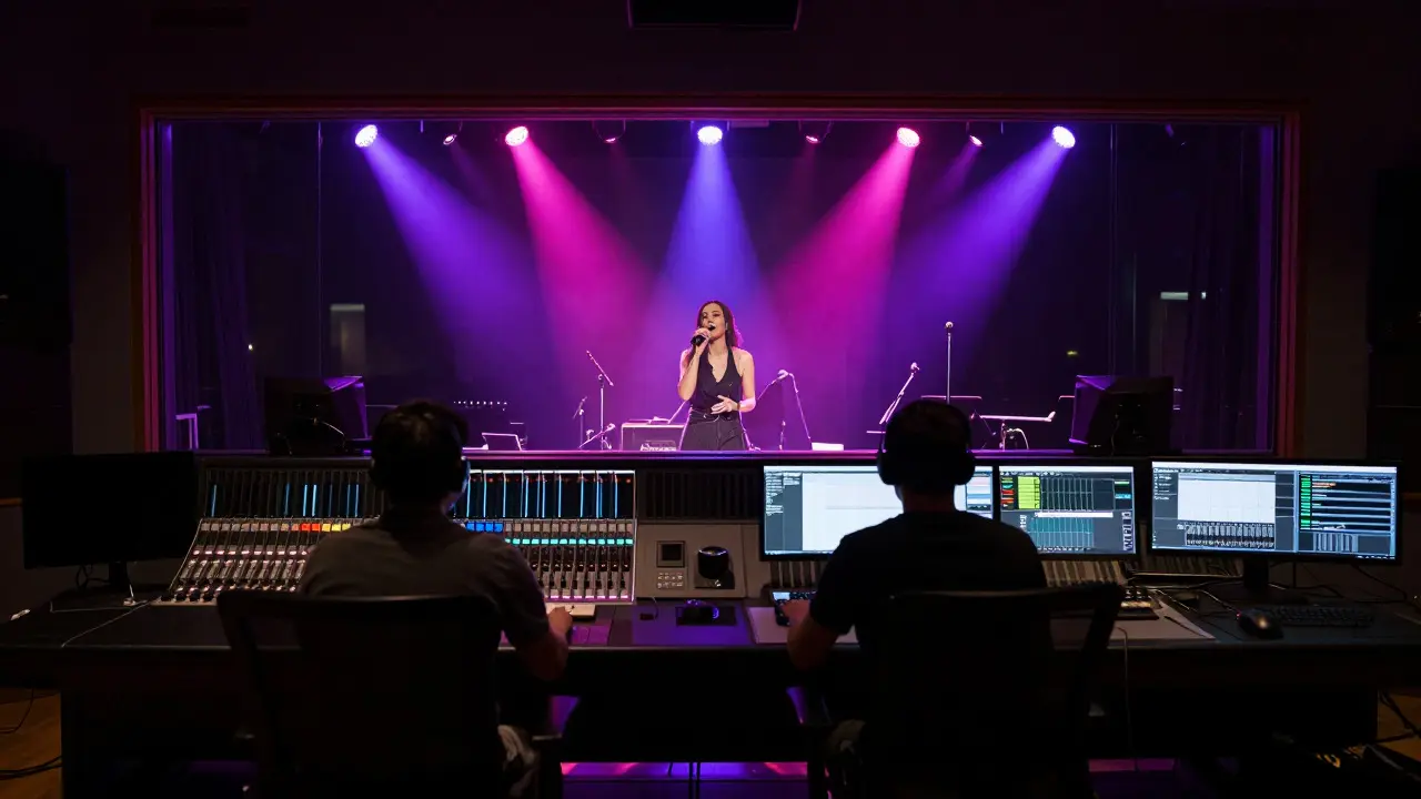 Wide shot of a singer performing in a studio while producers work in the control room